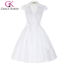 Грейс Карин Cap рукавом нагрудные воротник V-образным вырезом эластичный Белый Ретро старинные летнее платье CL008953-2